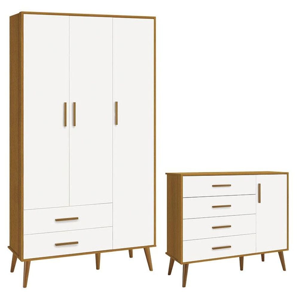Cômoda com Porta e Guarda Roupa Infantil 3 Portas Isis Branco Acetinado Savana - Reller