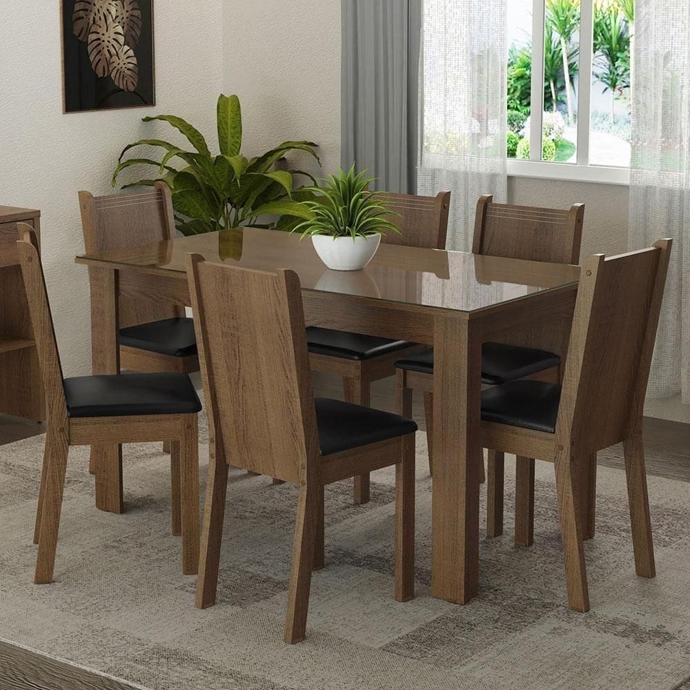 Conjunto Sala De Jantar Mesa Tampo De Vidro 6 Cadeiras Rustic-sintético Preto