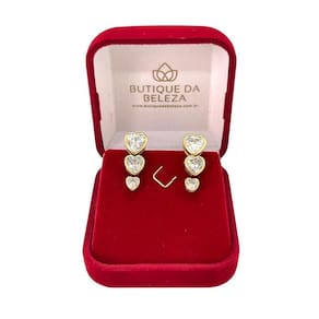 Brinco folheado a ouro trio zirconia coração degrade aro