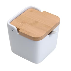 Saleiro em cerâmica tradicional tampa bambu e colher 10,5cm