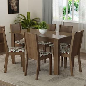 Conjunto Sala De Jantar Mesa Tampo De Vidro 6 Cadeiras Rustic-hibiscos Isla Madesa Rustic-hibiscos