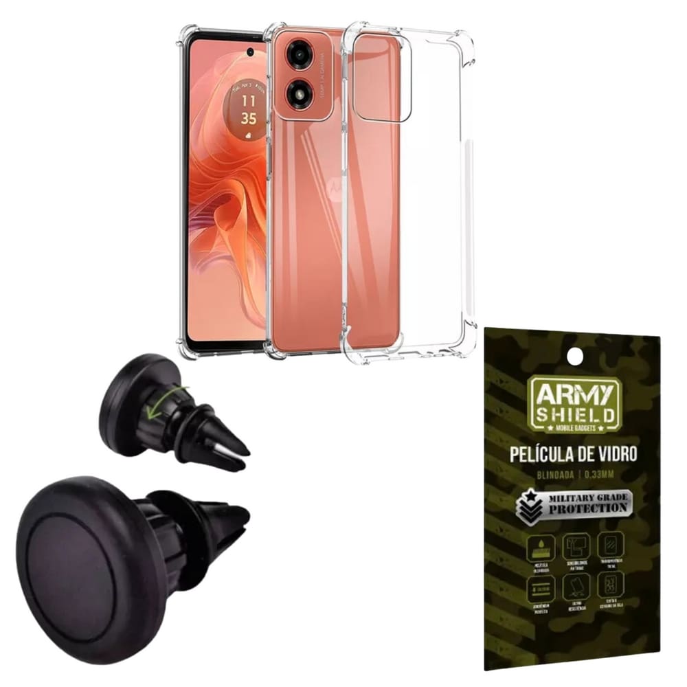 Kit Capinha AntiShock Moto G34 + Suporte Magnetico + Pelicula de Vidro 3D - ArmyShield