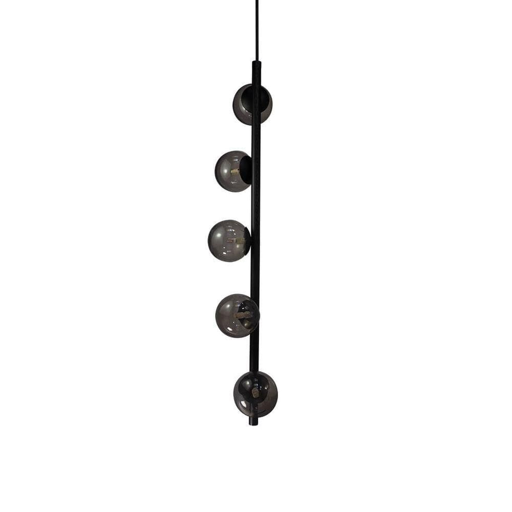 Lustre Vertical Figo Preto - 5 Globos Esfera De Vidro Fumê