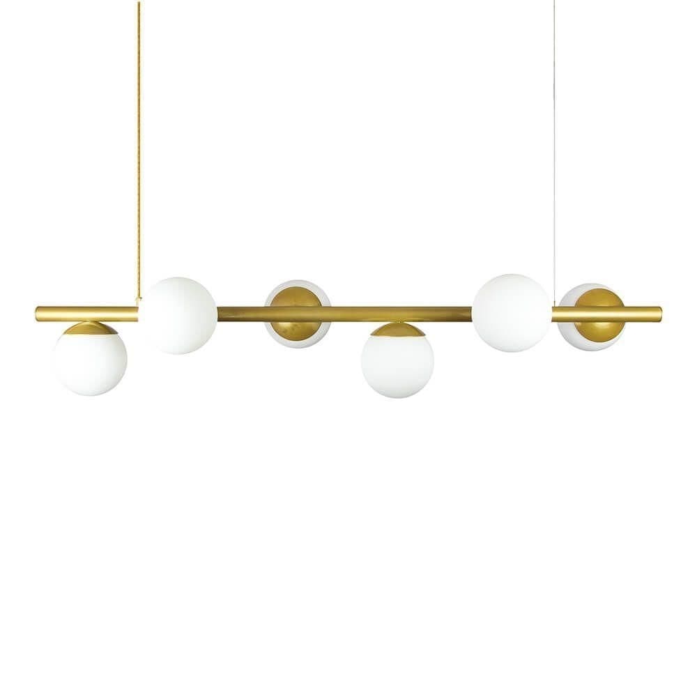 Lustre Pendente Figo Ouro - 6 Globos Esfera De Vidro Branco