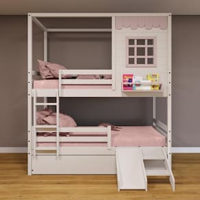 Treliche Casinha Reta com Grade Removível e Escorregador Madeira Maciça Branco/ Rosa Housin