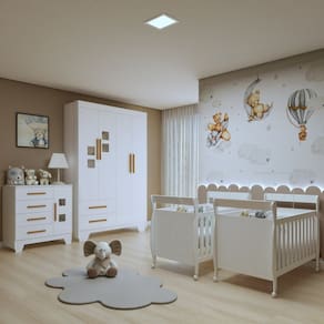 Quarto de Bebê Completo Gêmeos com Guarda-roupa, 2 Berços e Cômoda Gael Branco