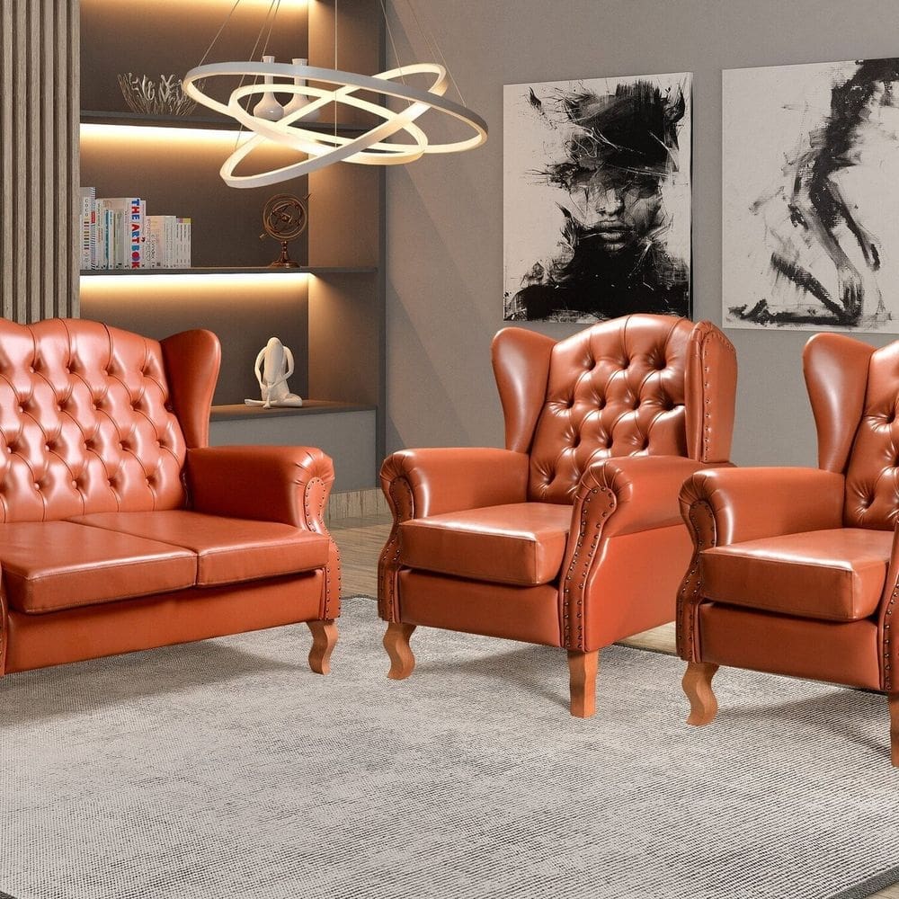 Conjunto Imperador Sofá com Poltronas Chesterfield Decoração Retrô Vintage Caramelo