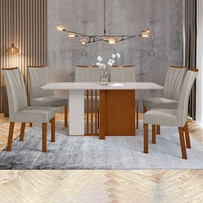 Conjunto Mesa 160cm Astrid com Vidro e 6 Cadeiras Apogeu Frassino/Off White/Capuccino