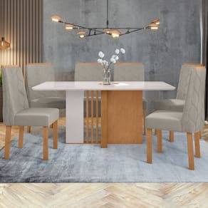 Conjunto Mesa 170cm Astrid com Vidro e 6 Cadeiras Astrid Amêndoa Clean/Off White/Capuccino
