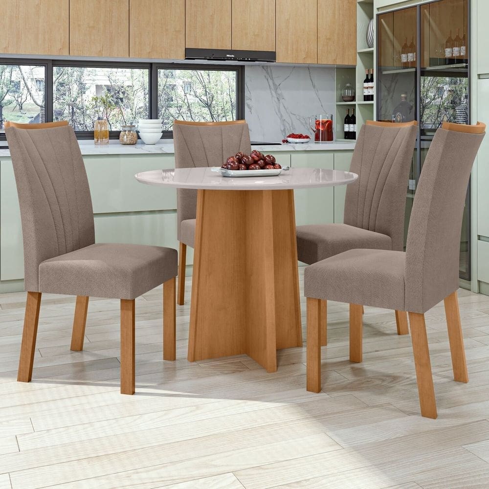 Conjunto Mesa 100cm Celebrare com Vidro Redonda e 4 Cadeiras Apogeu Amêndoa Clean/Off White/Animale Bege