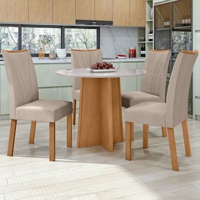 Conjunto Mesa 100cm Celebrare com Vidro Redonda e 4 Cadeiras Apogeu Amêndoa Clean/Off White/Rinzai Bege