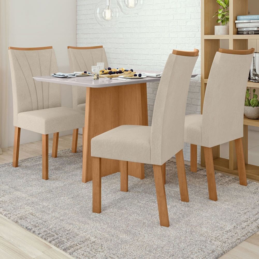 Conjunto Mesa 120cm Celebrare e 4 Cadeiras Apogeu Amêndoa Clean/Off White/Naturale Creme