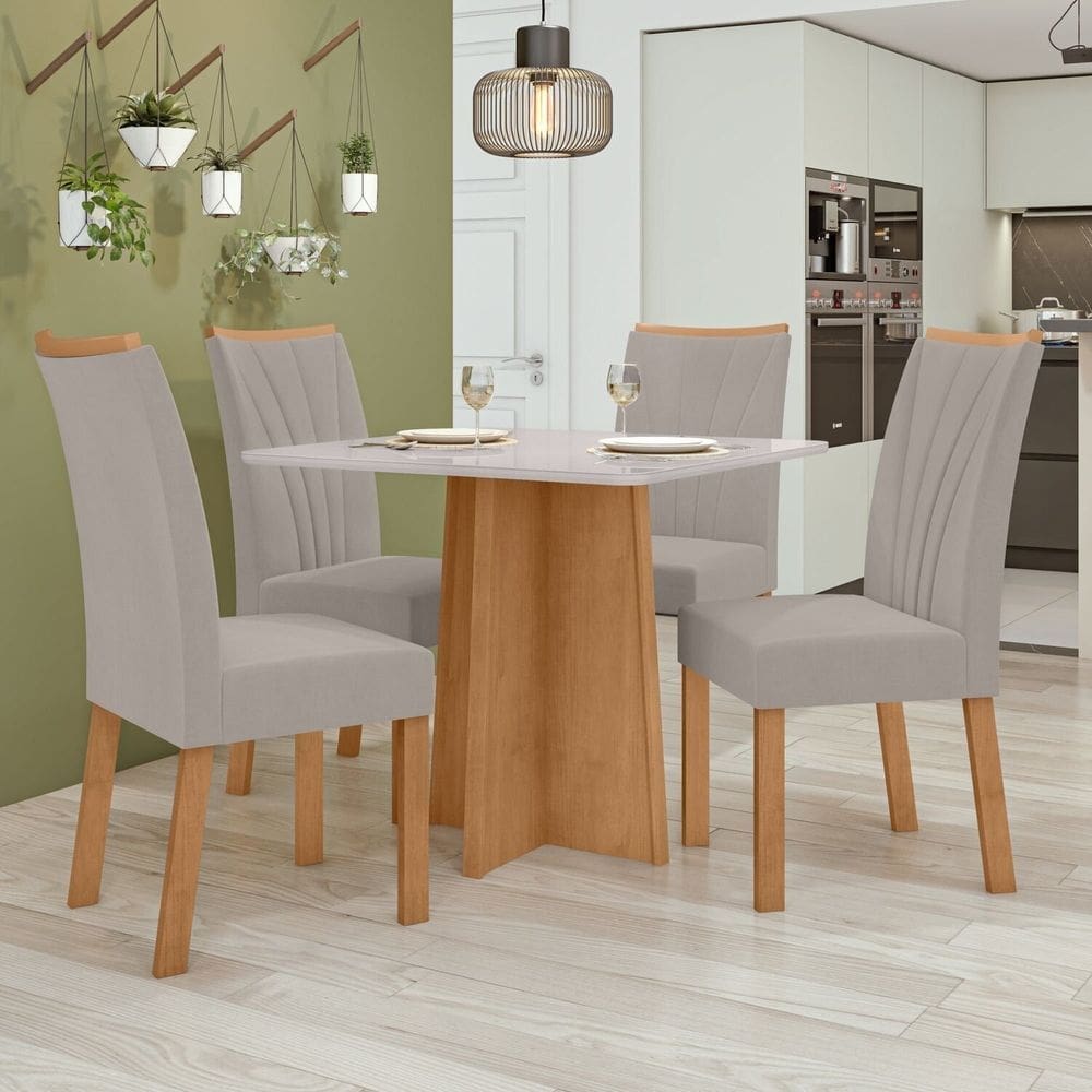 Conjunto Mesa 90cm Celebrare com Vidro e 4 Cadeiras Apogeu Amêndoa Clean/Off White/Capuccino