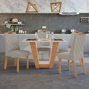 Conjunto Mesa 120cm Apogeu com Vidro e 4 Cadeiras Vênus Amêndoa Clean/Off White/Amêndoa Clean/Liso Capucci