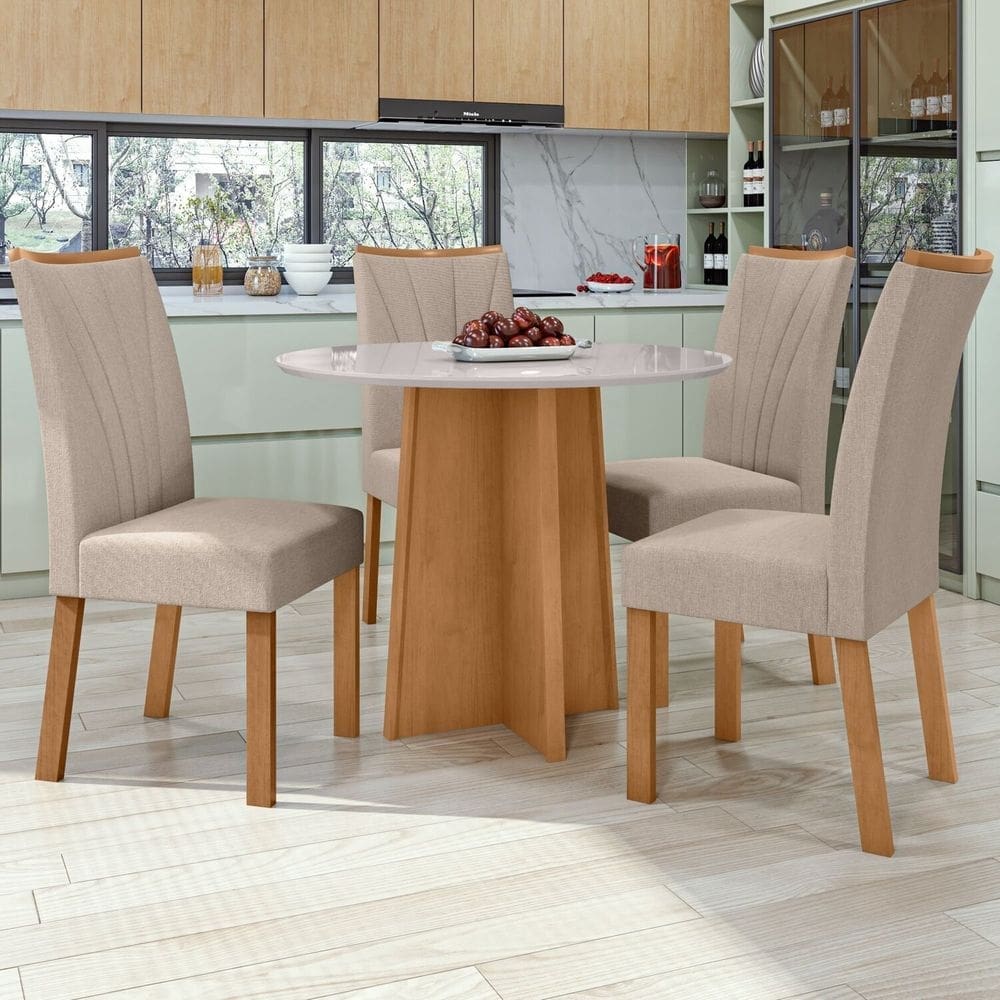 Conjunto Mesa 100cm Celebrare Redonda com 4 Cadeiras Apogeu Amêndoa Clean/Off White/Rinzai Bege