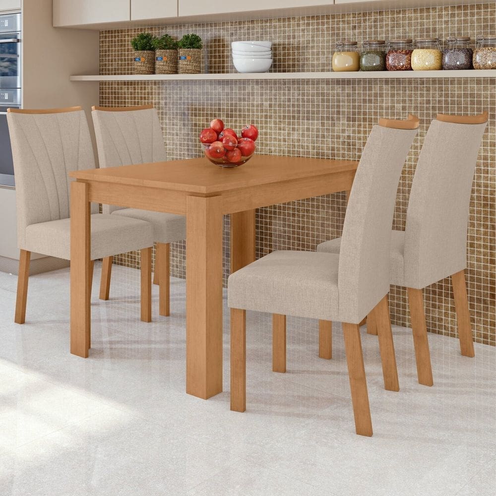 Conjunto Mesa 120cm Athenas e 4 Cadeiras Apogeu Amêndoa Clean/Rinzai Bege