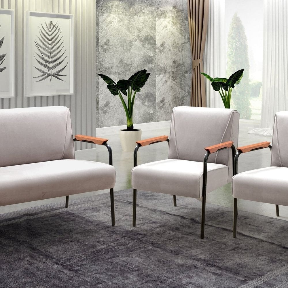 Conjunto com 2 Poltronas e Namoradeira Decorativa Jade Sala de Estar Bege Claro