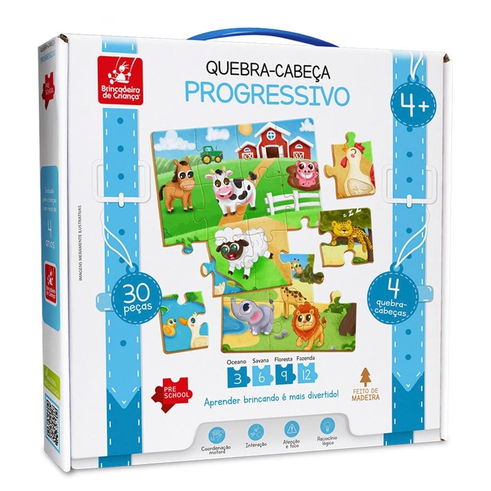 Quebra Cabeça Educativo Progressivo Madeira 4, 6, 9 E 12pçs