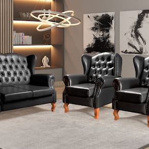 Conjunto Imperador Sofá com Poltronas Chesterfield Decoração Retrô Vintage Preto