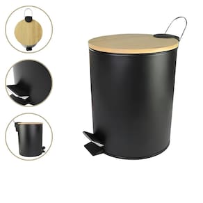 Cesto De Lixo Pedal 5 litros Inox Preto Tampa Bambu Banheiro Lixeira Cozinha Escritório Redonda Higiênica Resistente
