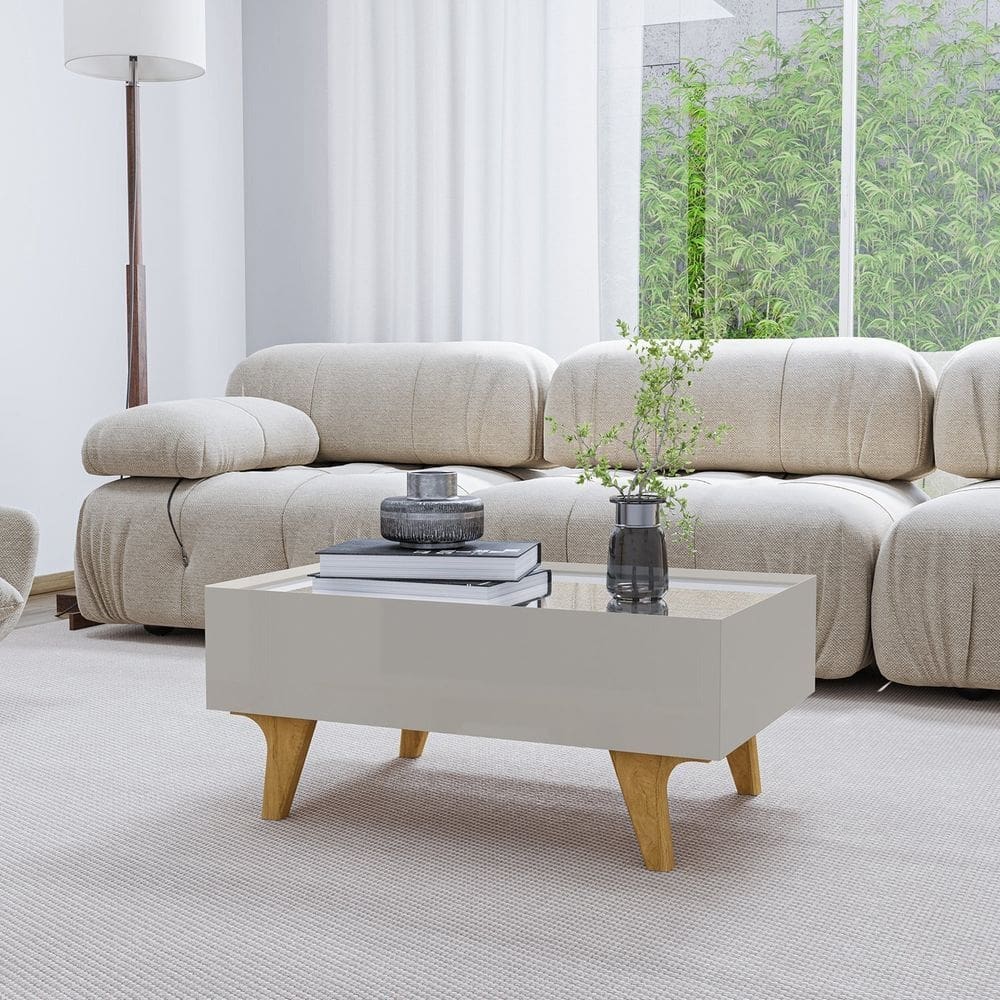 Mesa de Centro Decorativa em Mdf Sena Tampo em Espelho Gaveta com Corrediça Telescópica Off-White