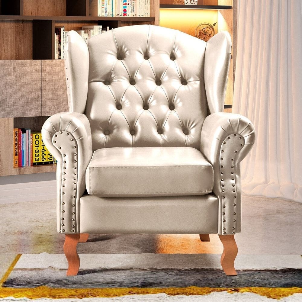 Poltrona Chesterfield Imperador Decoração Retrô Vintage Bege