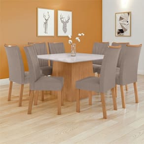 Conjunto Mesa 130cm Nevada com Vidro Plus com 8 Cadeiras Apogeu Amêndoa Clean/Off White/Animale Bege