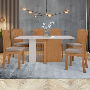 Conjunto Mesa 160cm Astrid com 6 Cadeiras Athenas Amêndoa Clean/Off White/Animale Bege