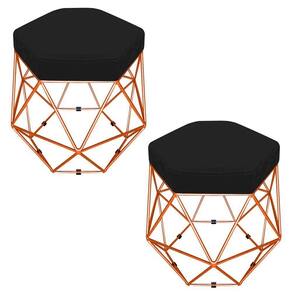 Kit 02 Puffs Banco Aramado Hexagonal Bronze Suede Preto