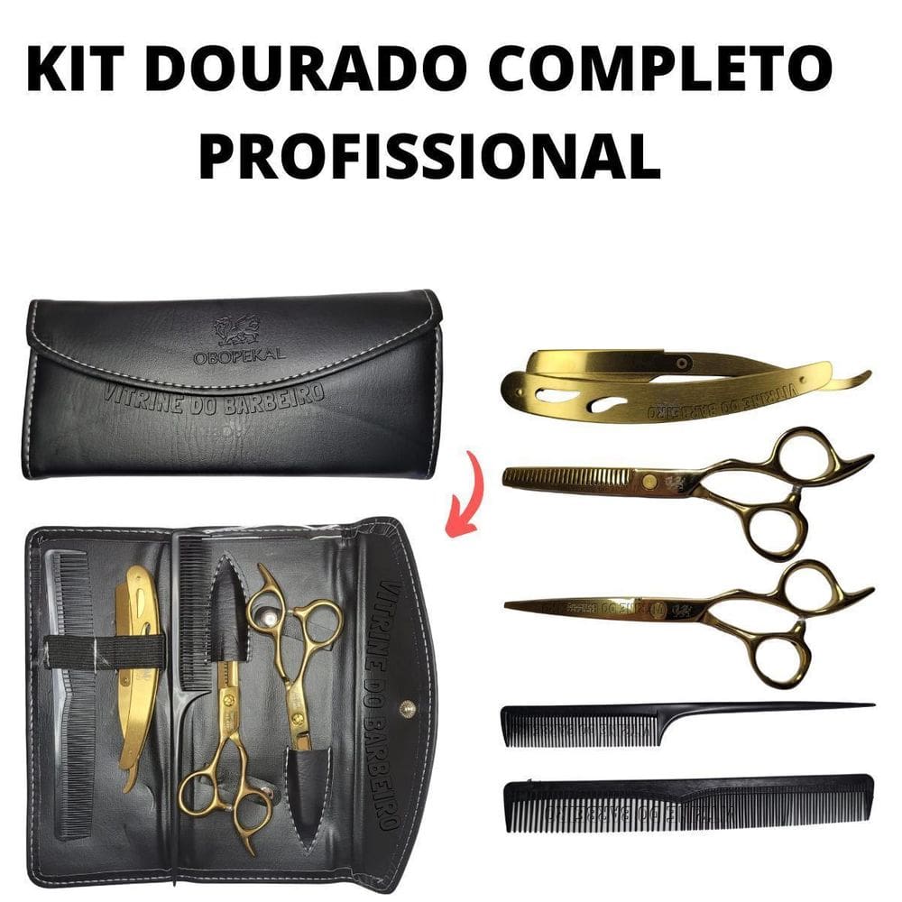 Kit barbearia tesoura fio navalha + desbastadeira e estojo