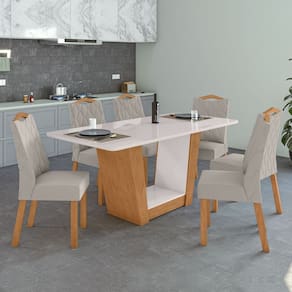 Conjunto Mesa 170cm Apogeu com Vidro e 6 Cadeiras Venus Amêndoa Clean/Off White/Capuccino