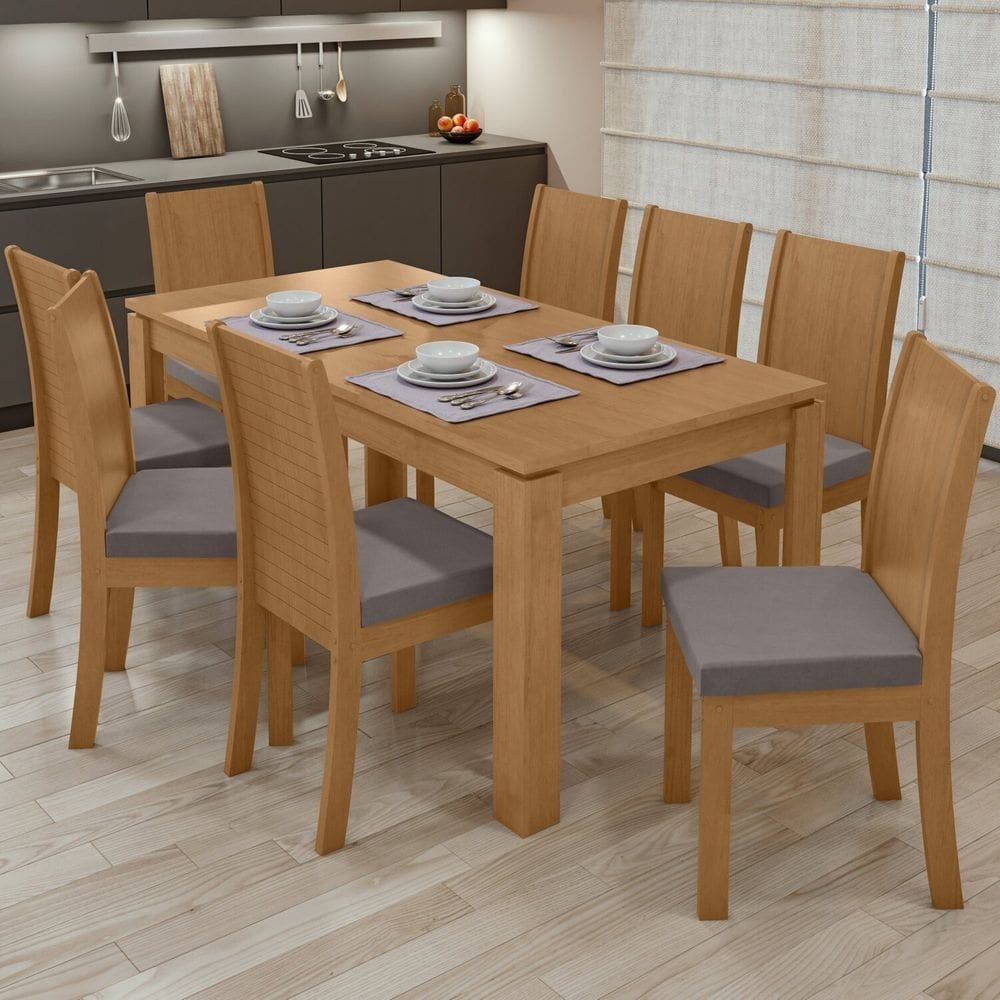 Conjunto Mesa 200cm Athenas com 8 Cadeiras Athenas Amêndoa Amêndoa/Liso Capuccino