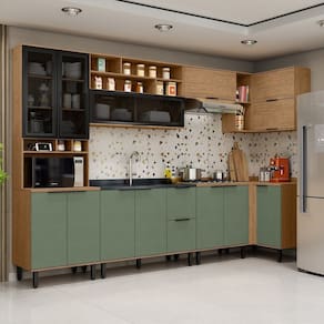 Cozinha Modulada Toscana 7 Peças Mdf com Paneleiro 1 Forno e Armários Canto Freijó/Jade