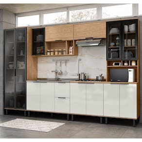 Cozinha Modulada Toscana 6 Peças MDF com Paneleiro 1 Forno e Cristaleira Freijó/Off White