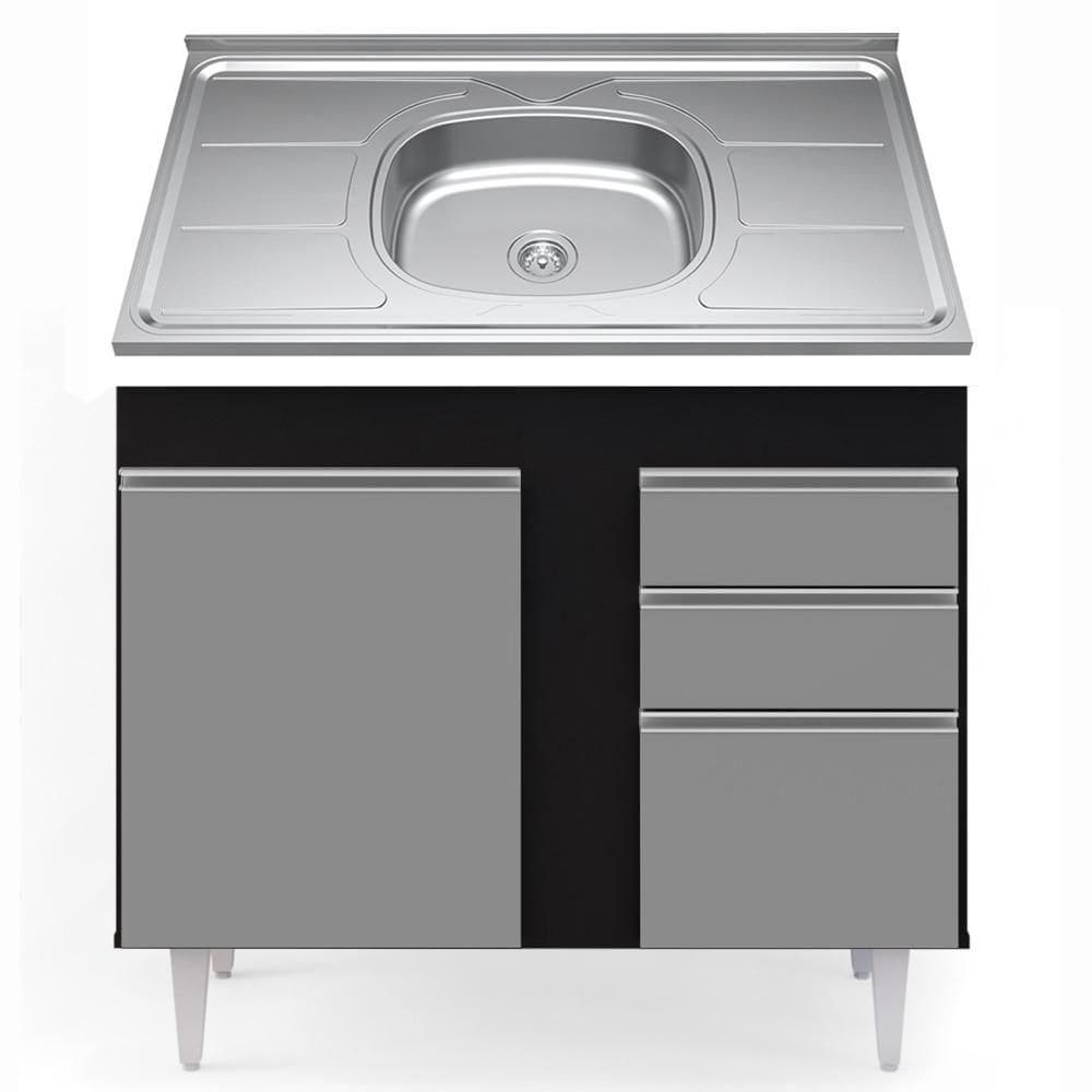 Balcão Com Pia Inox 100cm 3 Portas 2 Gavetas Preto/Cinza