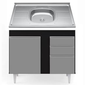 Balcão Com Pia Inox 100cm 3 Portas 2 Gavetas Preto/Cinza