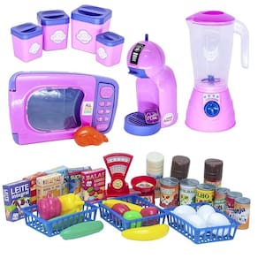 Kit cozinha infantil menina rosa mercado microondas pote 42p