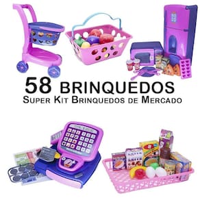 Kit infantil mercado caixa carrinho microondas cestinha 58pç