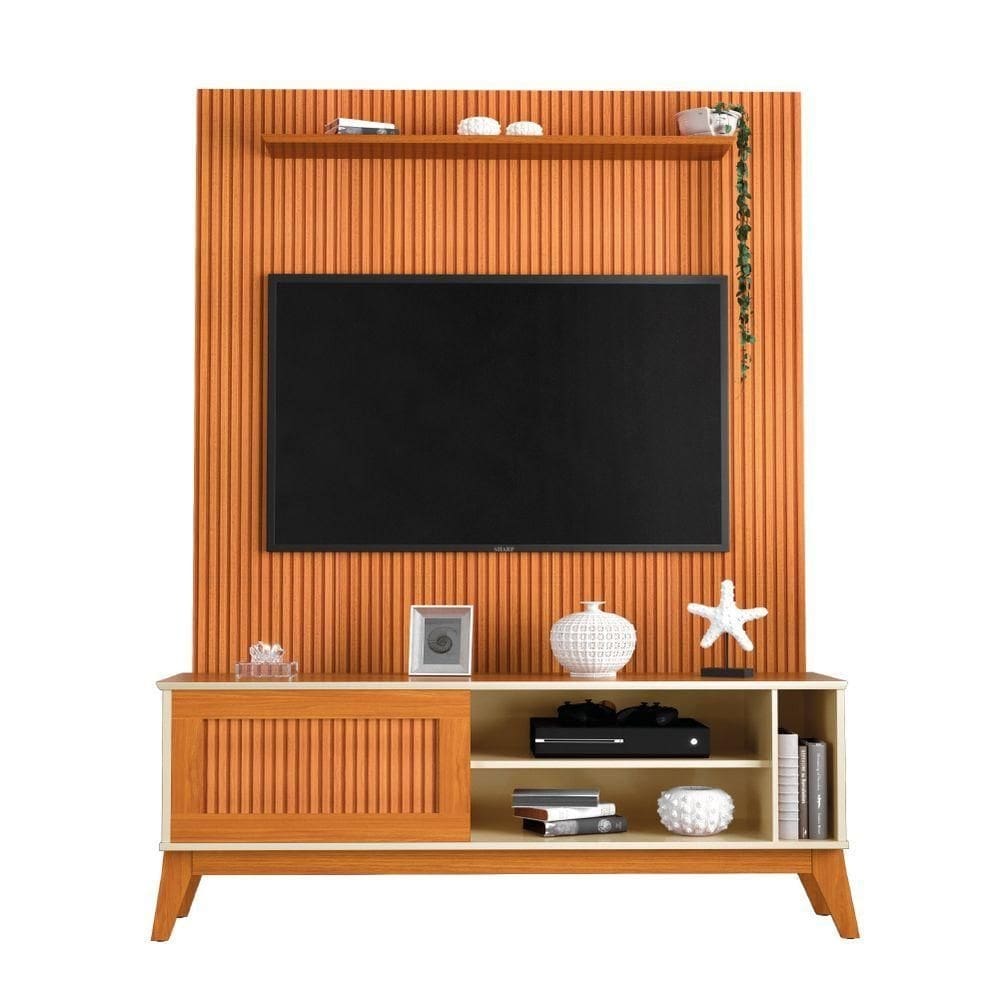 Rack Bancada Aruba Com Painel Para Tv Até 55 Polegadas Egeo Cedro/off White Ripado Impressão 3d Edn Cedro