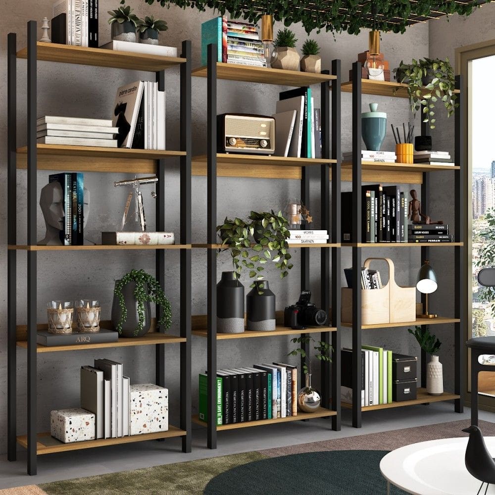 Estante para Livros Nobre 15 Prateleiras Estilo Industrial Freijó/Black - Panorama Móveis