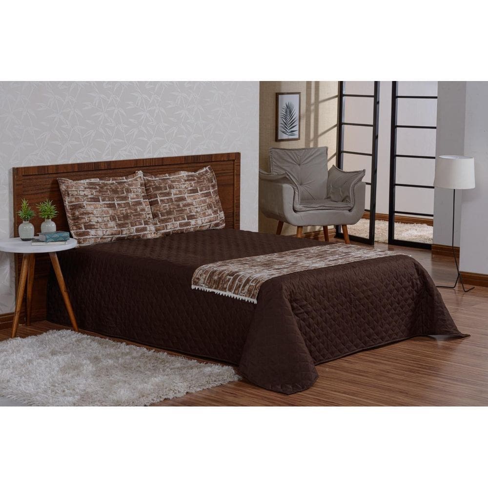 Colcha cama casal padrão com xale estampado marrom 5 peças