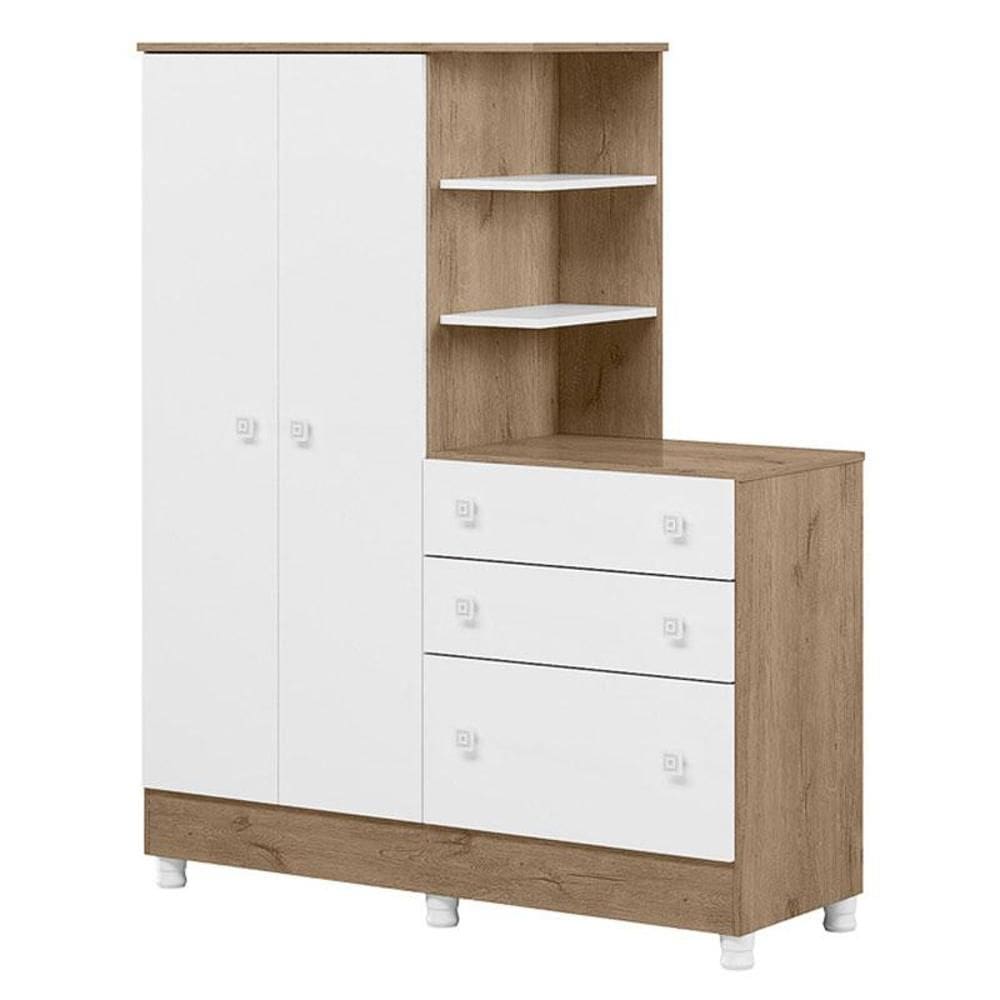 Guarda Roupa com Cômoda Doce Sonho 4070 Carvalho Rústico TOQ Branco com Pés – Qmovi