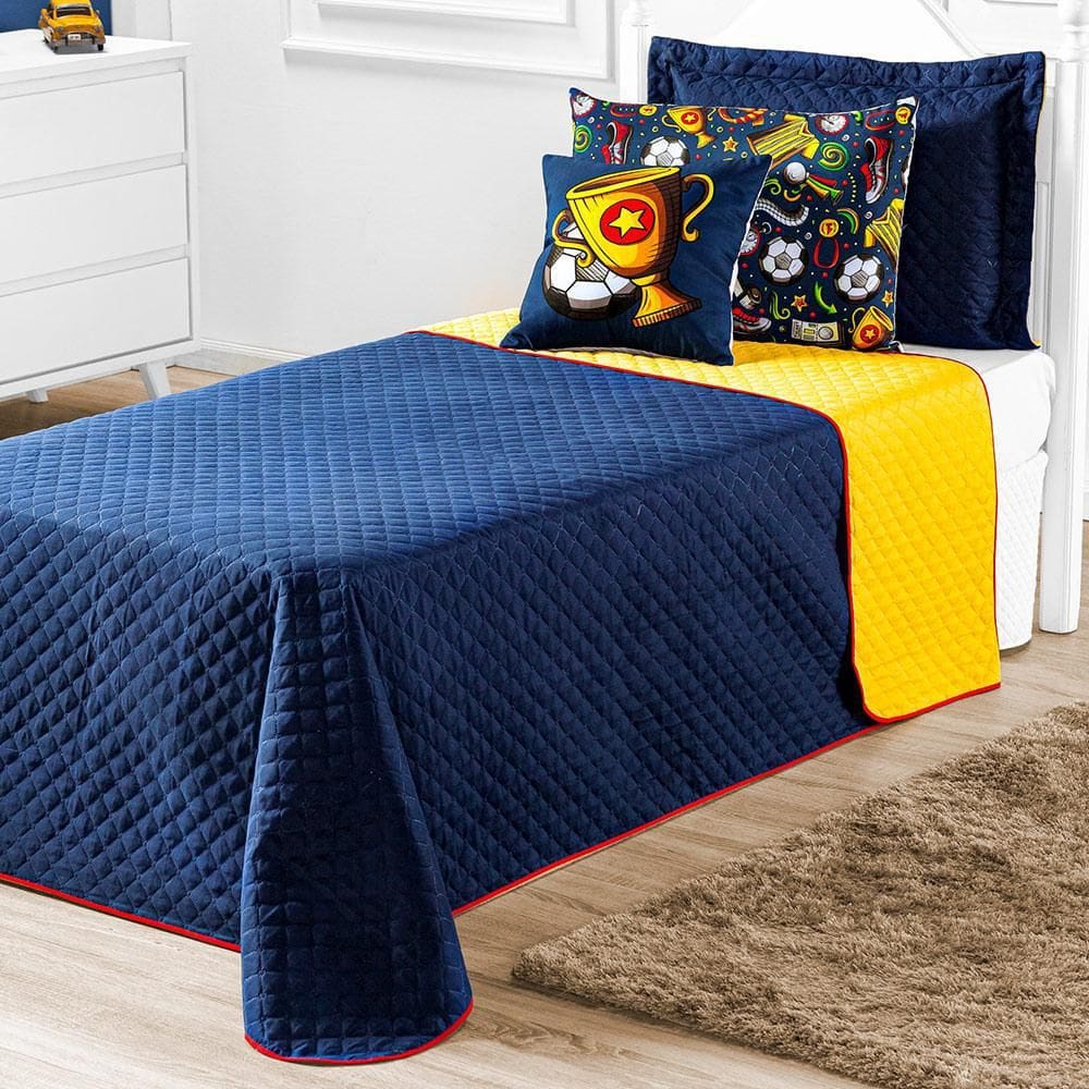 Cobre leito queen 7 peças marinho/amarelo coleção futebol