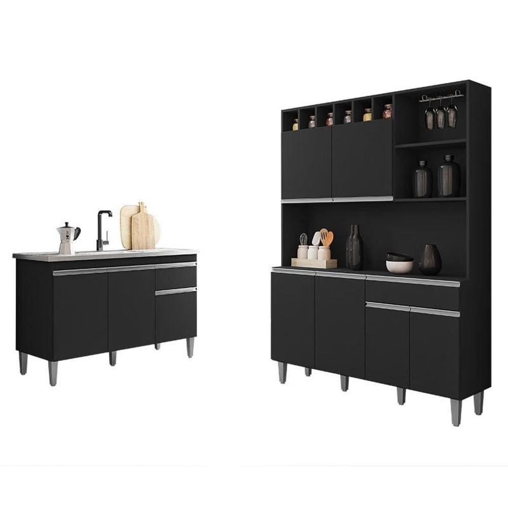Balcão de Pia Tatiane 120 cm e Armário Cozinha Kit Alice Preto Fosco - AJL