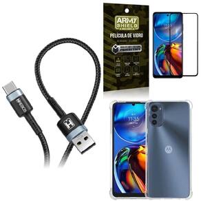 Kit capinha moto e32 + cabo tipo c hs302 + película vidro 3d