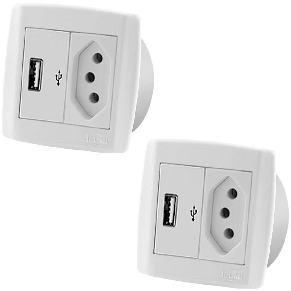 Kit com 2 pç usb 2a tomada 10a para móveis ilumi slim branca