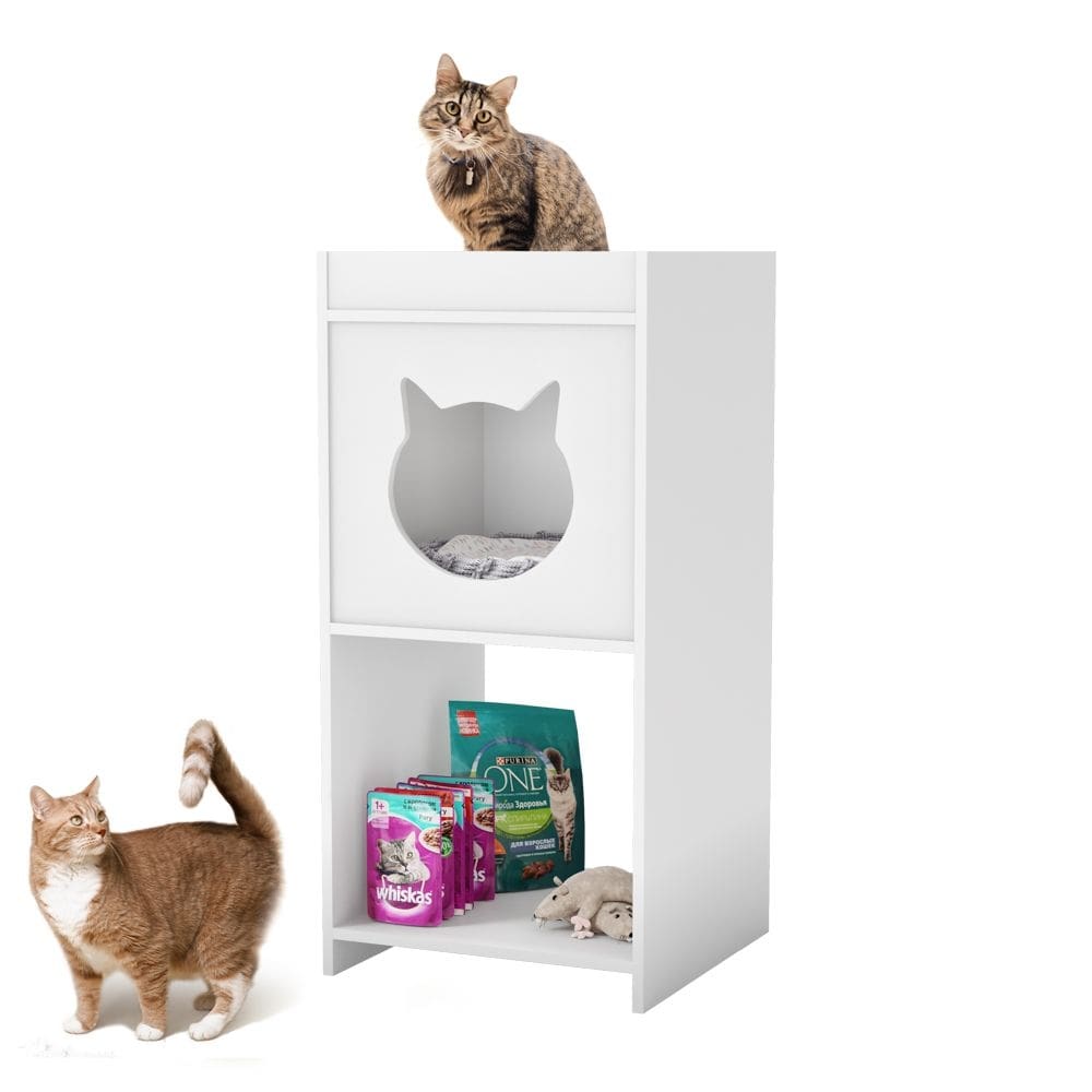 Mesa de Cabeceira Neko com Casinha Para Gato e Nicho Integrado Branco - Desk Design