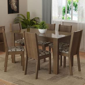 Conjunto Sala De Jantar Mesa Tampo De Vidro 6 Cadeiras Rustic-bege Marrom Isla Madesa Rustic