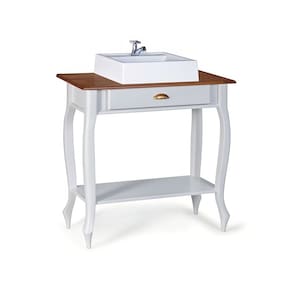 Bancada Aparador Mini Lavabo com Cuba 1 Gaveta Pés Luiz XV Dália 3062 - Off White/Imbuia Glazer