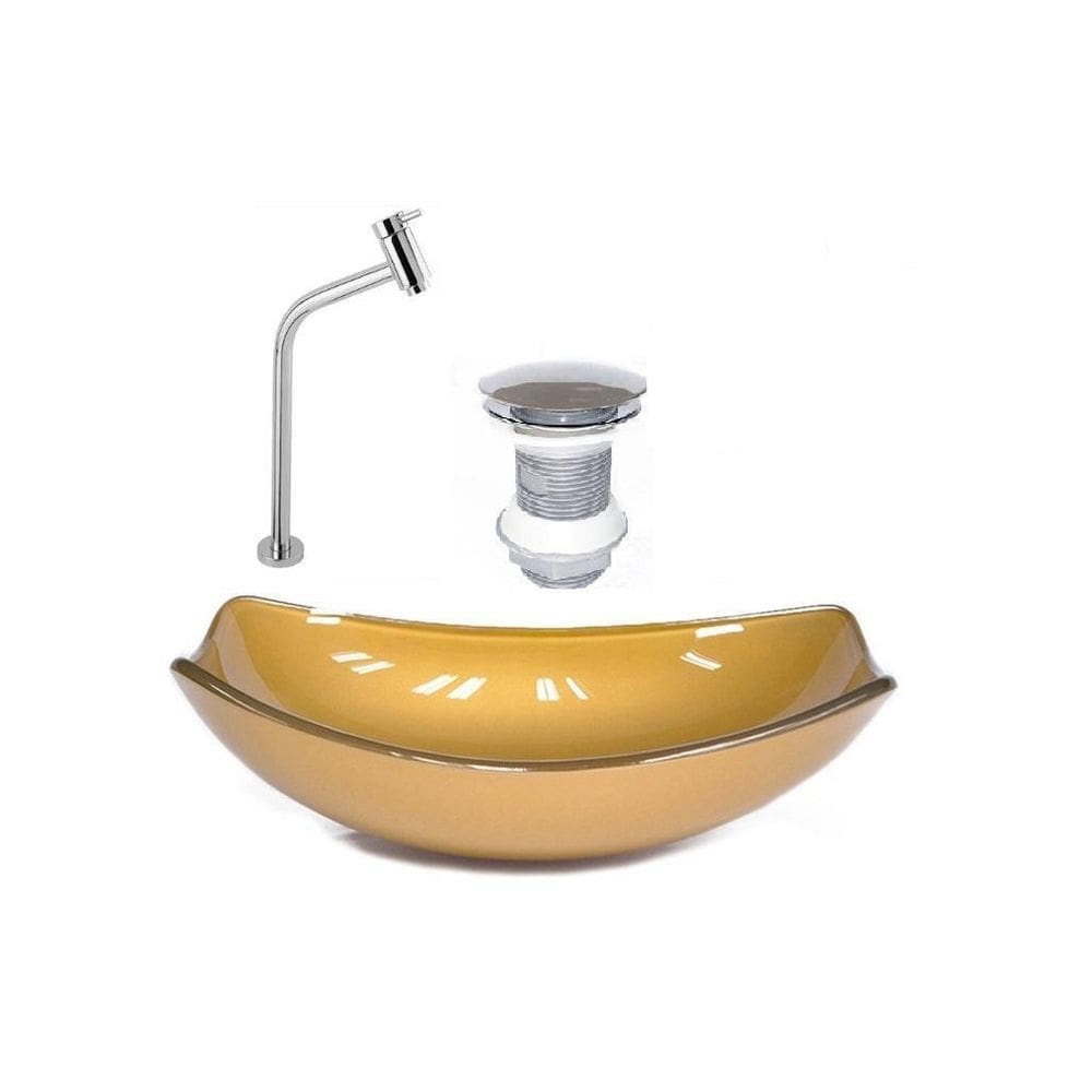 Cuba vidro oval chanfrada 46cm dourado r valvula + torneira
